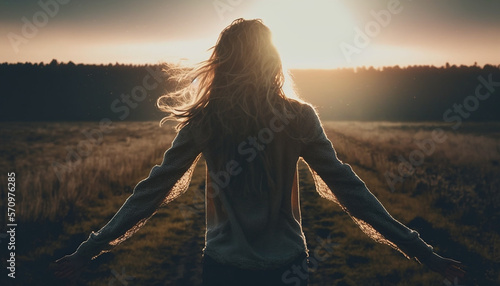 Free woman with positive mindset, wellbeing and hope concept. Happy young woman in nature at sunrise, arms outstretched. Back view, long hair, in a peacefull and natural enviroment. photo