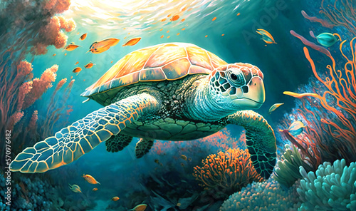 A sea turtle glides over a vibrant coral reef in this lively illustration