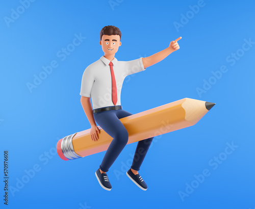 Happy cartoon character businessman ride big yellow pencil over blue background. The concept of startup and education.