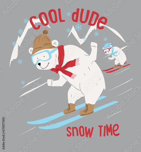 Polar bear alpine skiing through downhill. Extreme outside winter sport concept. Vector cartoon illustration.