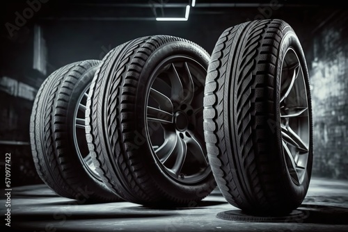 Car tires are in front of workshop  photo