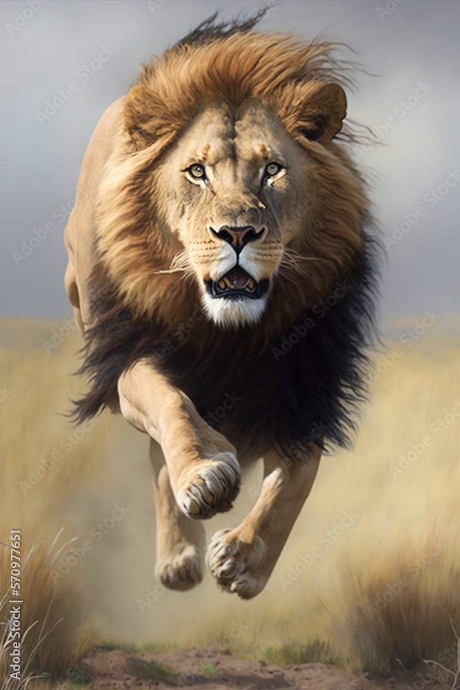 A lion jumping over the camera, high speed chase on the grassy plains - generative AI