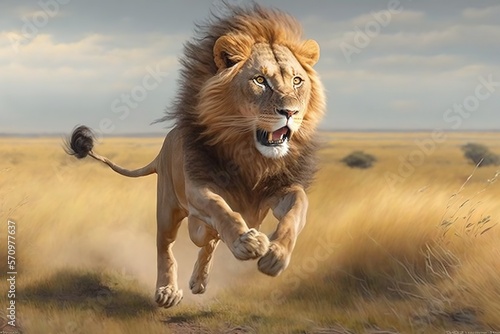 Photographie A lion jumping over the camera, high speed chase on the grassy plains - generati
