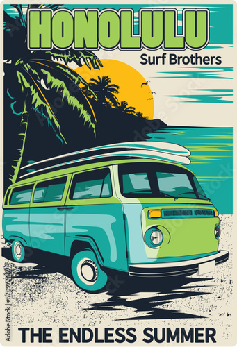 Surfing car and palm tree. Retro van with surfboard 