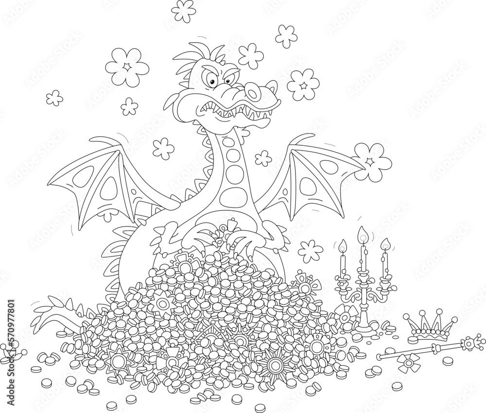 Funny angry dragon with clouds of smoke guarding a large pile of golden ...