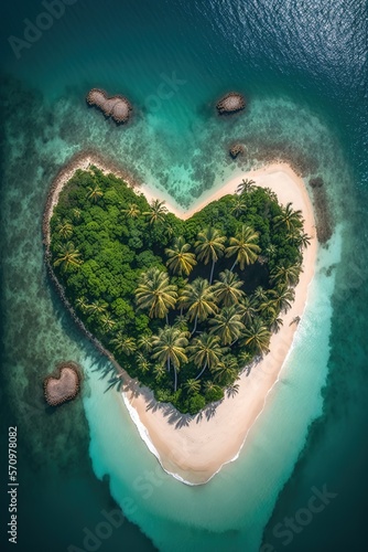 Aerial view of the heart shaped tropical island . Blue ocean sea with wave and small forest and sandy coastline - generative AI © losmostachos
