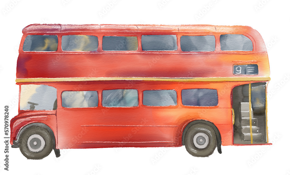 Red bus in London city watercolor element