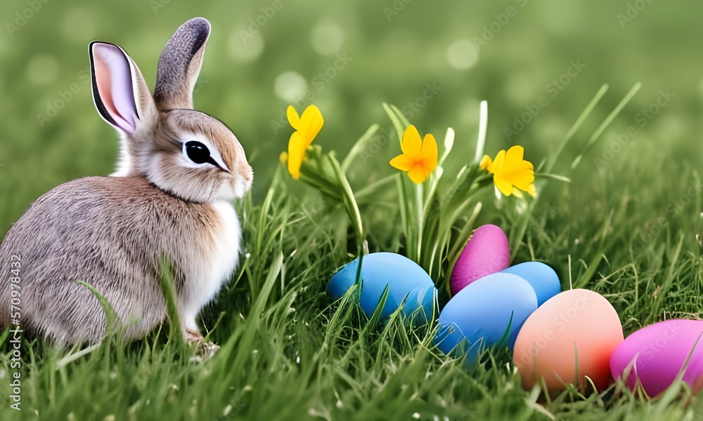 Fototapeta premium petit lapin jonquilles et oeufs de paques