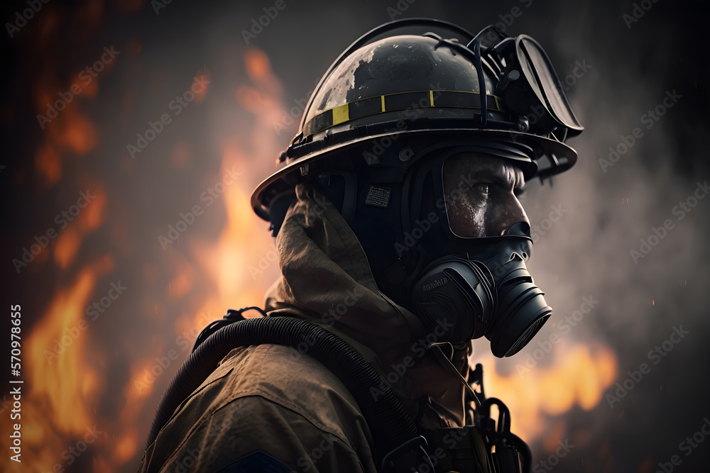 Firefighter Wearing Mask, Helmet and Protection Gear in a Fire Scene, Generative AI