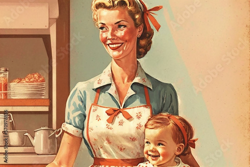Cheerful vintage style illustration showing happy mother and child standing in the kitchen. Happy housewife concept of the 1950s. Made with generative AI. photo