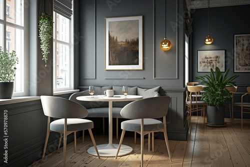 Interior of an elegant and modern restaurant, scandi style with gray wainscoting walls - generative AI photo