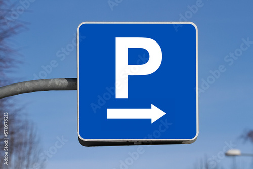 Parking sign showing free places. Traffic parking sign with clean sky