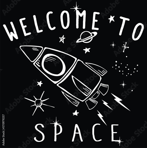 Space rocket Vector illustration of little robot cartoon with rocket and planets, coloring book or page