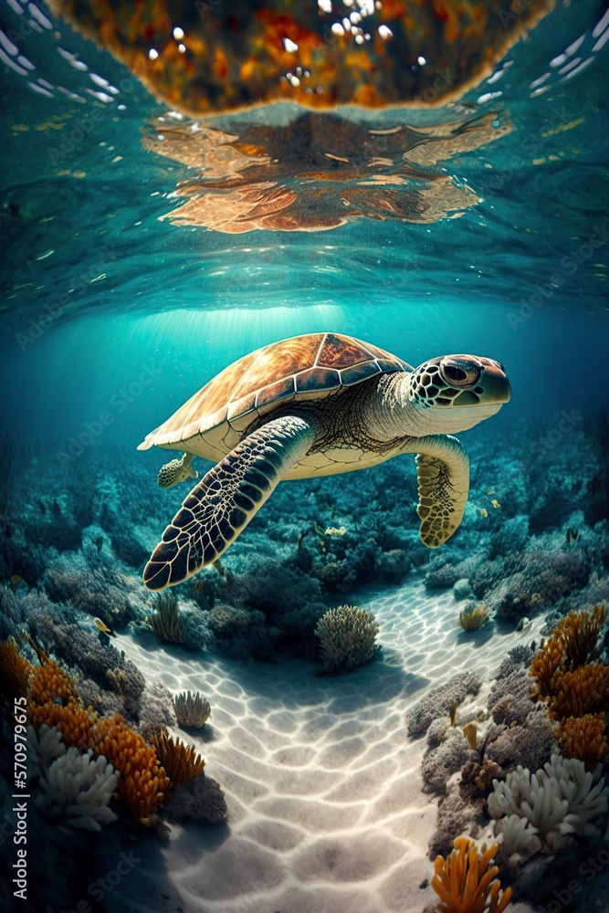 Fototapeta premium image, turtle in crystalline waters, ai generative