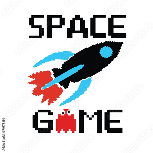 Space rocket. Vector illustration of little robot cartoon with rocket and planets, coloring book or page