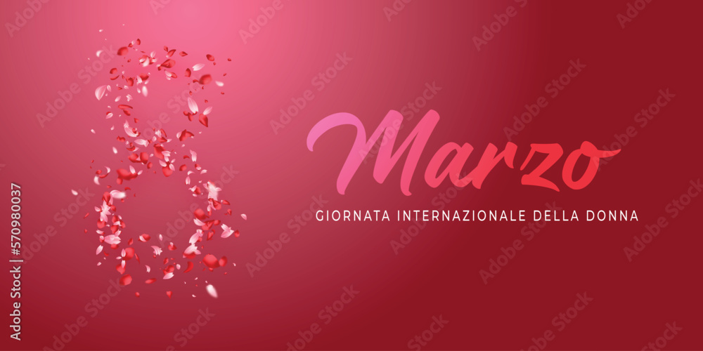 carta o striscione per la giornata internazionale della donna l'8 marzo in rosa sfumato su sfondo rosa anch'esso sfumato e il numero 8 composto da petali rosa chiaro e scuro