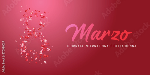 carta o striscione per la giornata internazionale della donna l'8 marzo in rosa sfumato su sfondo rosa anch'esso sfumato e il numero 8 composto da petali rosa chiaro e scuro