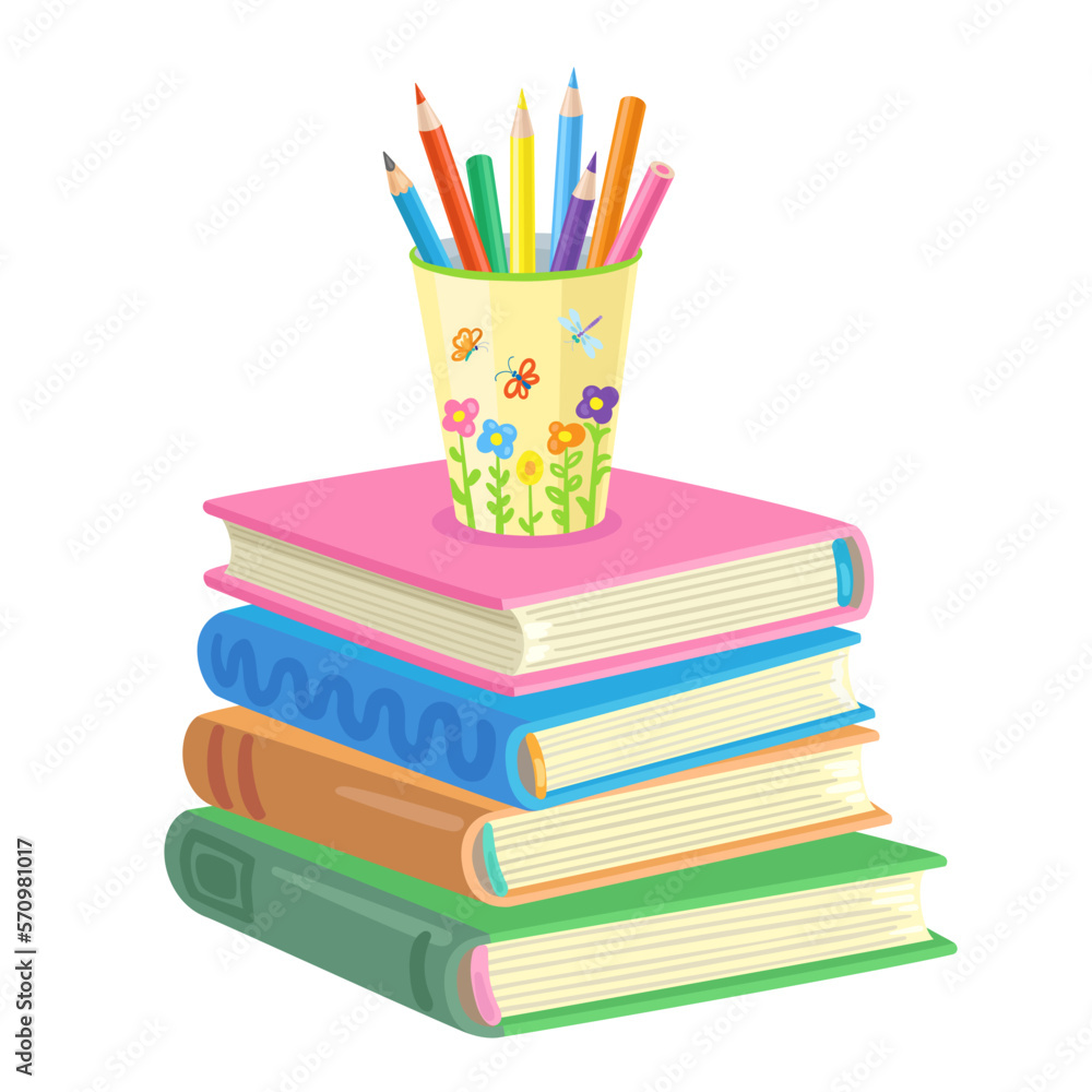 A large stack of books and a glass of colored pencils on it. In cartoon style. Isolated on white background. Vector flat illustration A large stack of books and a glass of colored pencils on it. In cartoon style. Isolated on white background. Vector flat illustration
