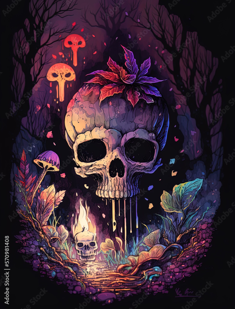 Giant Skeleton Skull Art with Colorful Mushrooms and Plants Growing Around, Trippy, Artistic, Horror Giant Skeleton Skull Art with Colorful Mushrooms and Plants Growing Around, Trippy, Artistic, Horror