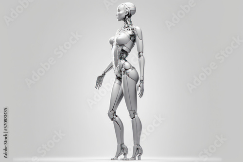 Futuristic AI artificial intelligence android woman model, technology feminine 3D light gray background, ai.