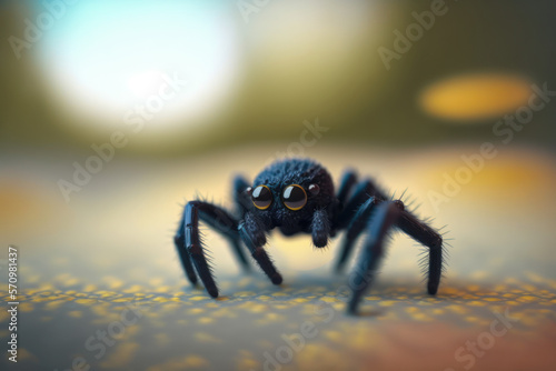 Cute black jumping spider close up fuzzy macro portrait illustration with tilt-shift blurred background and vibrant colors, ai. © Artozen