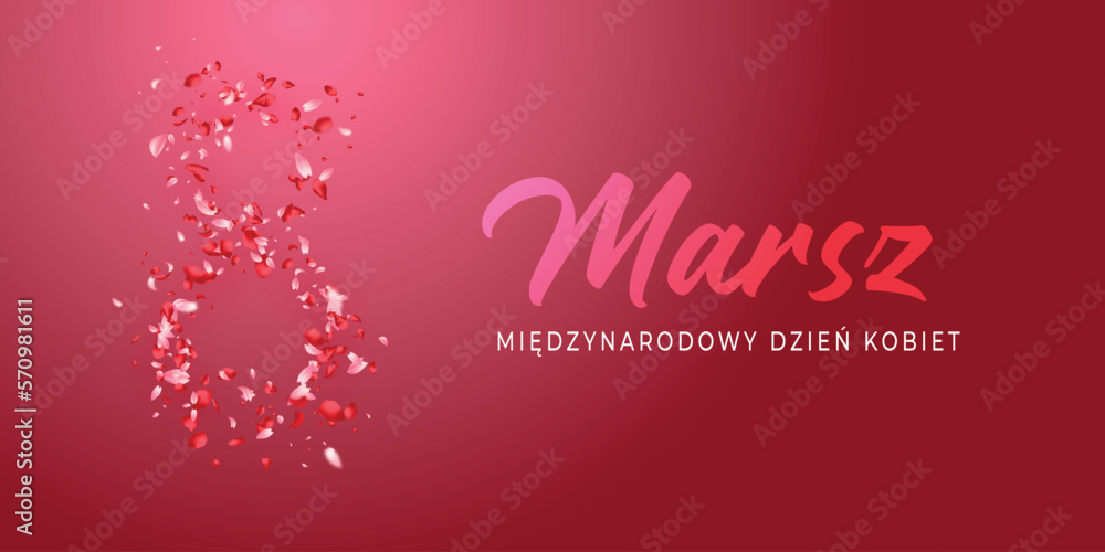 karta lub baner na międzynarodowy dzień kobiet 8 marca w gradientowym różu na różowym tle również w gradiencie i cyfrze 8 składa się z jasnych i ciemnoróżowych płatków