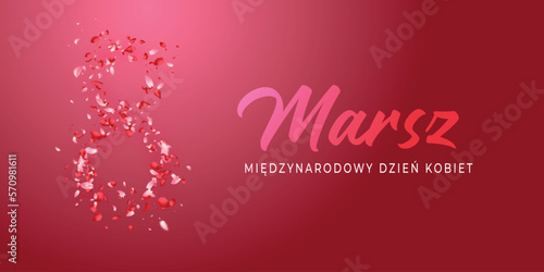 karta lub baner na międzynarodowy dzień kobiet 8 marca w gradientowym różu na różowym tle również w gradiencie i cyfrze 8 składa się z jasnych i ciemnoróżowych płatków