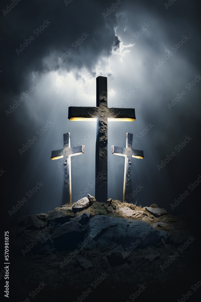 Naklejka premium image, three crosses, gloomy sky and ray of light, generative ai