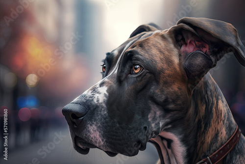 A handsome brindle Great Dane in the city. Blurred background. Digitally-created illustration. Generative AI.