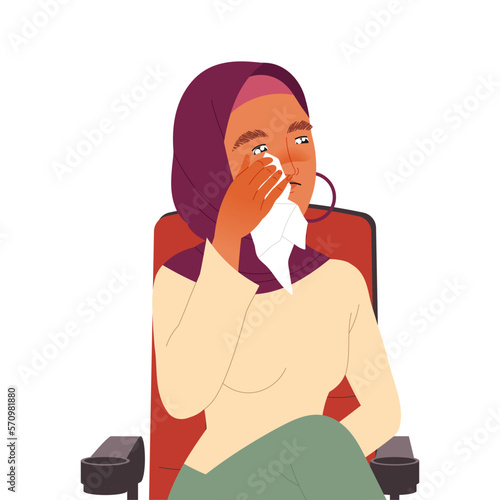 Muslim Woman in Hijab Crying Sitting in Cinema Watching Movie Vector Illustration