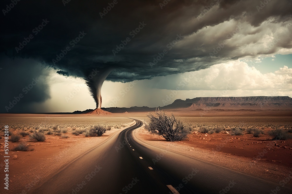image, road in the desert and in the background a big tornado,generative ai