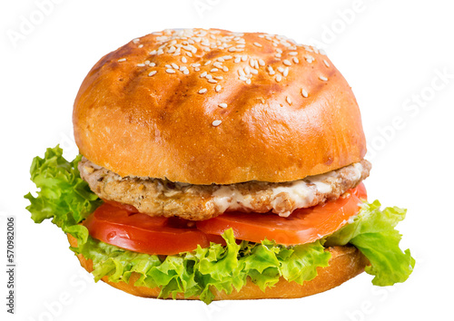 Burger with meat, tomato and lettuce. Juicy chicken in a grilled burger