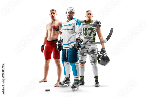 Different sports. Sport. MMA, hockey, american football. Professional athletes. Isolated in white background
