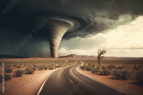 a image, road in the desert and in the background a big tornado,generative ai