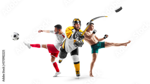 Sport in action. Hockey, soccer, MMA. Professional athletes. Sport collage. Isolated in white
