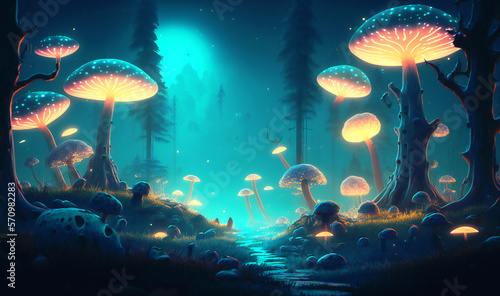 An ethereal night scape of tall trees, shrouded in mist and dotted with glowing mushrooms