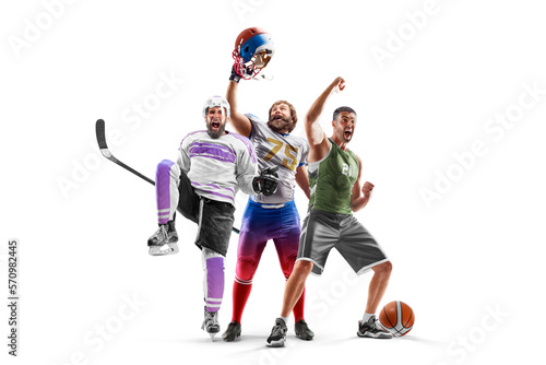 Sport winners. Sport emotion. Sport collage of professional athletes. Football, hockey, basketball