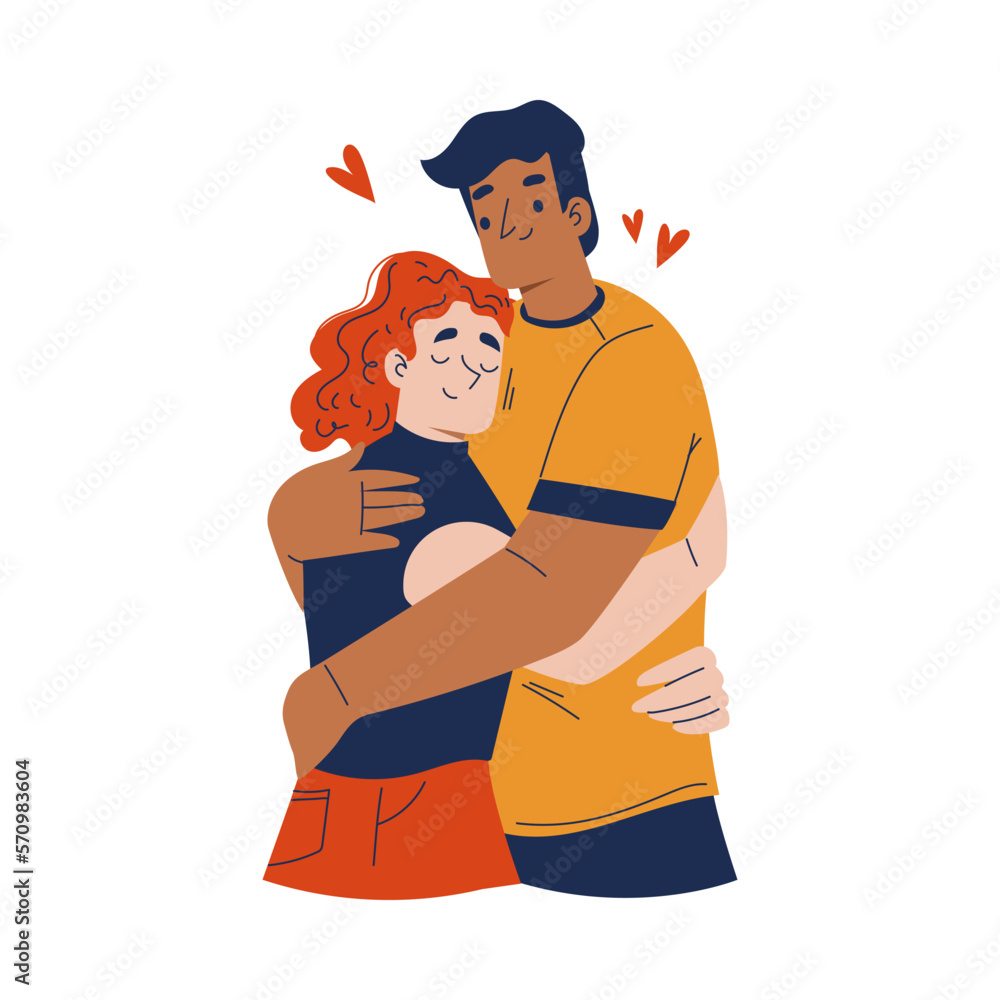 Happy Man and Woman Couple Hugging Feeling Love and Positive Emotion Vector Illustration Happy Man and Woman Couple Hugging Feeling Love and Positive Emotion Vector Illustration