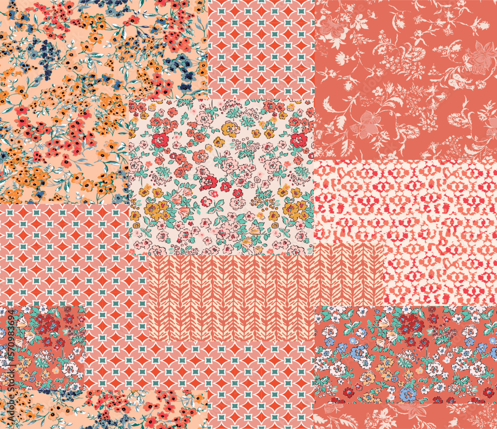 patchwork floral pattern with flower, geometric and handmade motifs. boho style pattern for textil and decoration