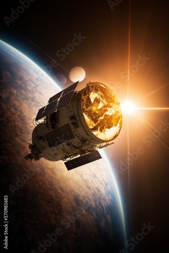 Fototapeta Naklejka Na Ścianę i Meble -  image, vision of a satellite in space illuminated by glare, generative ai