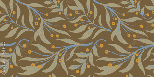 Forest foliage seamless pattern, various leaves on a dark black background. Collection of herbal prints. Creative design. Hand drawn illustration.