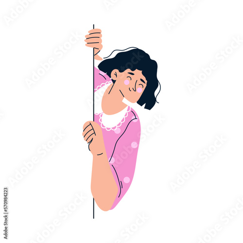 Woman Character Looking Out and Peeking from Corner or Wall Vector Illustration