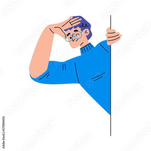 Man Character Looking Out and Peeking from Corner or Wall Vector Illustration