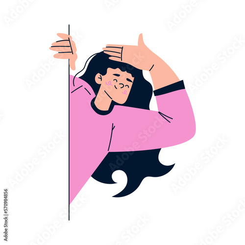 Woman Character Looking Out and Peeking from Corner or Wall Vector Illustration