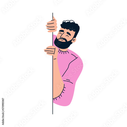 Bearded Man Character Looking Out and Peeking from Corner or Wall Vector Illustration