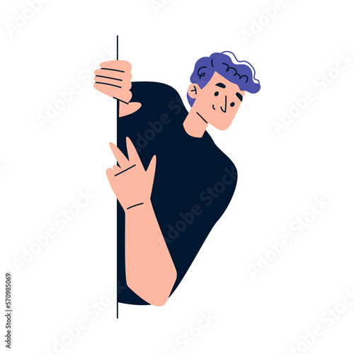 Man Character Looking Out and Peeking from Corner or Wall Vector Illustration