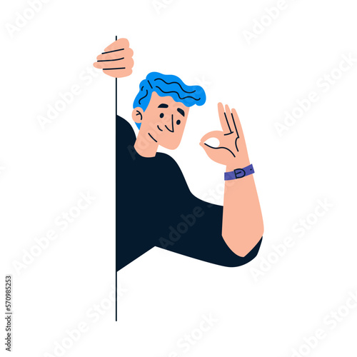 Man Character Looking Out and Peeking from Corner or Wall Showing Ok Gesture Vector Illustration