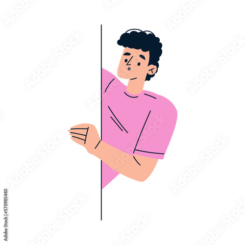 Man Character Looking Out and Peeking from Corner or Wall Vector Illustration