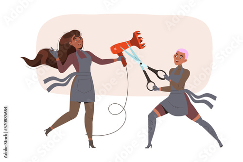 Female Hairdresser Master and Stylist with Hair Dryer and Scissors Tools Vector Illustration