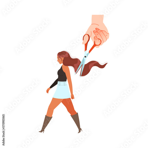 Woman Character Losing Her Hair with Hand and Cutting Scissors Vector Illustration